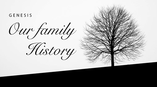 A black tree on a grey background with the words, Genesis: Our Family History written on the left side of the image.